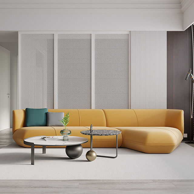 Technology Leather L Shaped Living Room Sofa Birch Legs Yellow